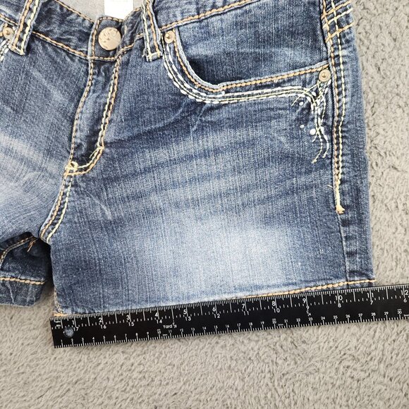 Y2K Women's Denim Micro Mini Shorts Size 5/6 Festival Booty Low Rise Embellished - Picture 9 of 10